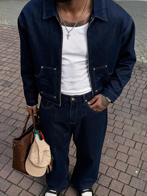 AXEPEAK Men's High Street Washed Blue Denim Jacket And Pants Casual Set