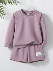 SHEIN 2件組少女休閒舒適純色長袖衛衣與短褲套裝，適合春夏、學校、校園、大學、秋季 - 紫色 - 查看 4