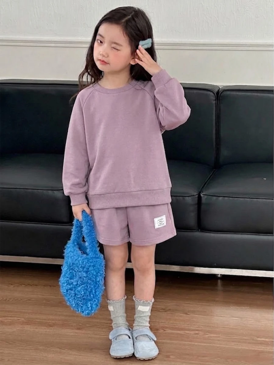 SHEIN 2件組少女休閒舒適純色長袖衛衣與短褲套裝,適合春夏、學校、校園、大學、秋季 - 紫色 - 查看 1