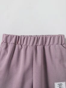 SHEIN 2件組少女休閒舒適純色長袖衛衣與短褲套裝，適合春夏、學校、校園、大學、秋季 - 紫色 - 查看 5