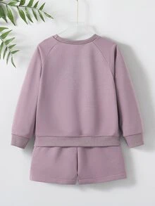 SHEIN 2件組少女休閒舒適純色長袖衛衣與短褲套裝，適合春夏、學校、校園、大學、秋季 - 紫色 - 查看 2