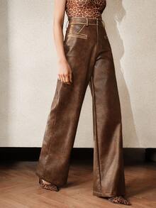 Anewsta Petite Autumn/Winter Brown Leather Pants, Maillard Style, Vintage Commuter Versatile Washed Distressed Petite Women's Long Pants - Chocolate Brown - View 5