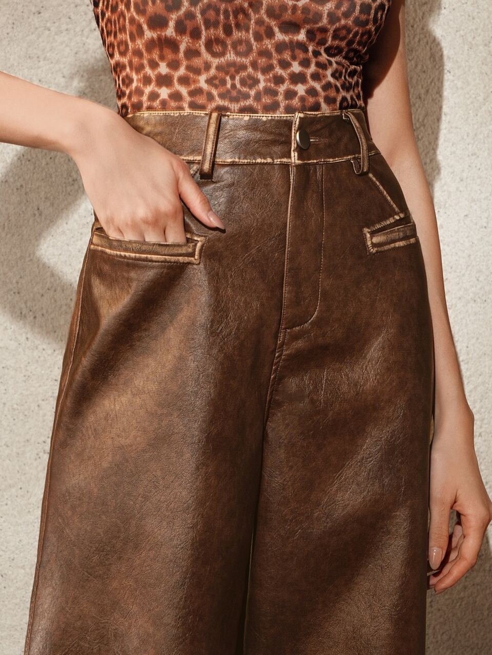 Autumn/Winter Brown Leather Pants, Maillard Style, Vintage Commuter Versatile Washed Distressed Petite Women's Long Pants