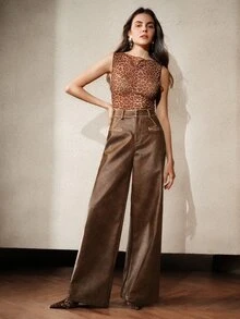 Anewsta Petite Autumn/Winter Brown Leather Pants, Maillard Style, Vintage Commuter Versatile Washed Distressed Petite Women's Long Pants - Chocolate Brown - View 4