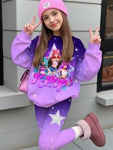 青少年女孩圓領卡通印花長袖運動衫與內搭褲2件套，適合秋冬穿著 - 彩色 - 查看 1