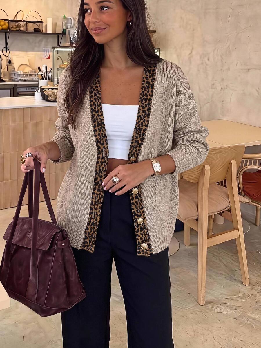 Brillora Maillard Vintage Leopard Print Patchwork Knit Cardigan, Loose Fit With Large Pearl Buttons, Soft Cozy Sweater Jacket,Fall Winter Sweater,Countryoffice - Khaki - View 1