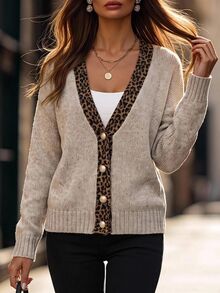 Brillora Maillard Vintage Leopard Print Patchwork Knit Cardigan, Loose Fit With Large Pearl Buttons, Soft Cozy Sweater Jacket,Fall Winter Sweater,Countryoffice - Khaki - View 8