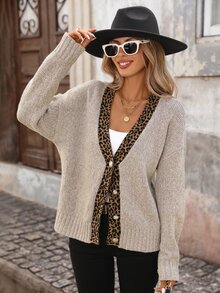 Brillora Maillard Vintage Leopard Print Patchwork Knit Cardigan, Loose Fit With Large Pearl Buttons, Soft Cozy Sweater Jacket,Fall Winter Sweater,Countryoffice - Khaki - View 5