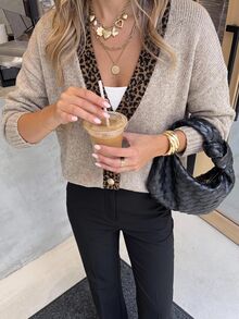 Brillora Maillard Vintage Leopard Print Patchwork Knit Cardigan, Loose Fit With Large Pearl Buttons, Soft Cozy Sweater Jacket,Fall Winter Sweater,Countryoffice - Khaki - View 9