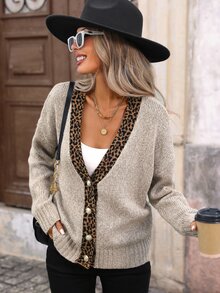 Brillora Maillard Vintage Leopard Print Patchwork Knit Cardigan, Loose Fit With Large Pearl Buttons, Soft Cozy Sweater Jacket,Fall Winter Sweater,Countryoffice - Khaki - View 6