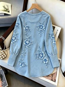Resyla Women's Floral Print Denim Effect Round Neck Fashionable Versatile Top - White - View 2