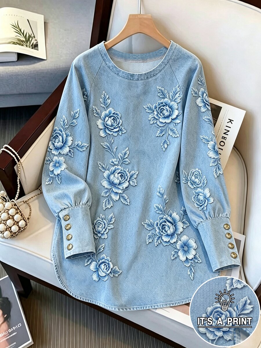 Resyla Women's Floral Print Denim Effect Round Neck Fashionable Versatile Top - White - View 1