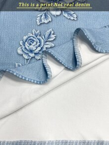 Resyla Women's Floral Print Denim Effect Round Neck Fashionable Versatile Top - White - View 4