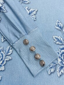 Resyla Women's Floral Print Denim Effect Round Neck Fashionable Versatile Top - White - View 5