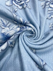 Resyla Women's Floral Print Denim Effect Round Neck Fashionable Versatile Top - White - View 6