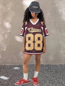 Coolane Kids 少女Y2K休闲运动超大号数字印花网眼T恤，街头风 - 咖啡棕 - 查看 3