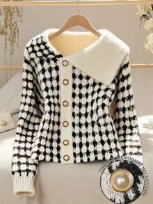 Trelyra Women's All-Over Print Single-Breasted Casual Versatile Daily Wear Cardigan - Black and White - View 3