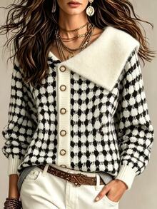 Trelyra Women's All-Over Print Single-Breasted Casual Versatile Daily Wear Cardigan - Black and White - View 1