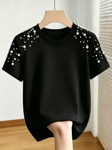 SHEIN Franclia Kaos Wanita Musim Panas Warna Hitam Leher Bulat Lengan Pendek dengan Hiasan Manik-manik - Hitam - View 1