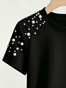 SHEIN Franclia Kaos Wanita Musim Panas Warna Hitam Leher Bulat Lengan Pendek dengan Hiasan Manik-manik - Hitam - View 4