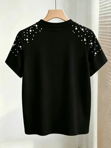 SHEIN Franclia Kaos Wanita Musim Panas Warna Hitam Leher Bulat Lengan Pendek dengan Hiasan Manik-manik - Hitam - View 2
