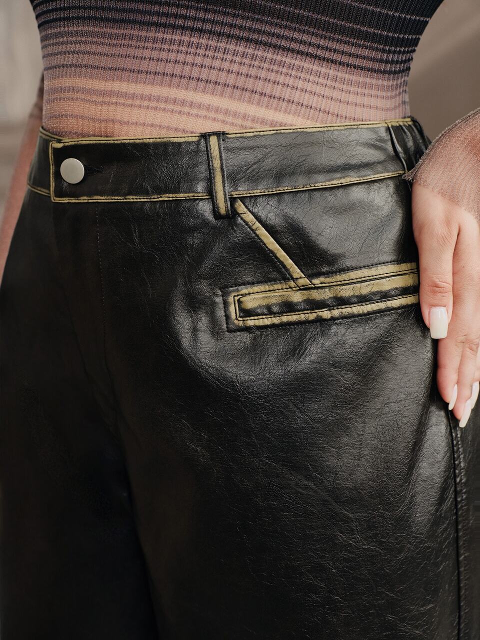 Women's Black Leather Pants, Autumn/Winter, Maillard Style, Fashionable Vintage Commute Versatile Washed Distressed Long Pants