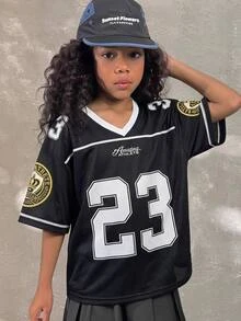 Mom & Tween Girls Matching Number Print Jersey, Oversized Black Sporty T-Shirt, Hip Hop Streetwear, Family Look,Summer - Black - View 4