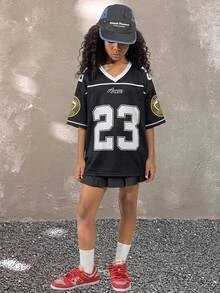 Mom & Tween Girls Matching Number Print Jersey, Oversized Black Sporty T-Shirt, Hip Hop Streetwear, Family Look,Summer - Black - View 2
