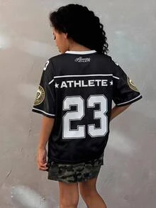 Mom & Tween Girls Matching Number Print Jersey, Oversized Black Sporty T-Shirt, Hip Hop Streetwear, Family Look,Summer - Black - View 6