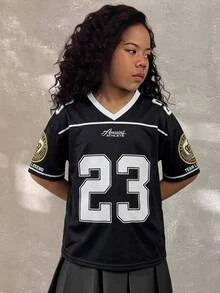 Mom & Tween Girls Matching Number Print Jersey, Oversized Black Sporty T-Shirt, Hip Hop Streetwear, Family Look,Summer - Black - View 5
