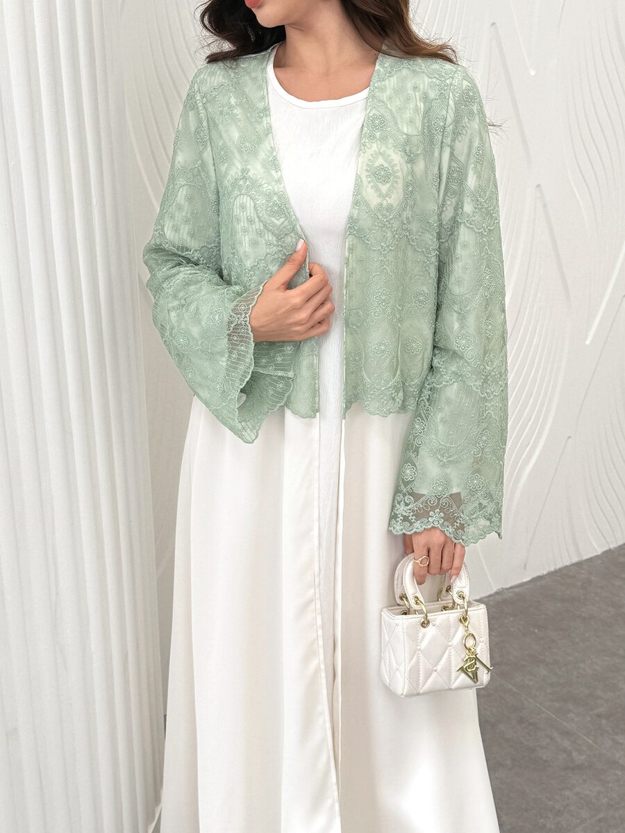Yasmyna Allover Allover White Sequin Lace Patchwork Long Sleeve Flared Abaya Dates Fall Modest Elegant
