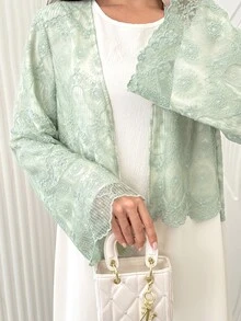Yasmyna 白色亮片蕾絲拼接長袖喇叭袖阿巴亞長袍,秋季約會穿搭,端莊優雅 - 杏色 - 查看 9