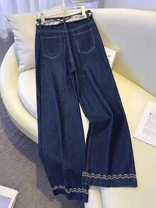 GlowEve 女款休閒刺繡寬腿牛仔褲，深藍色，適合小學教師，夏季穿著 - 藍色 - 查看 3