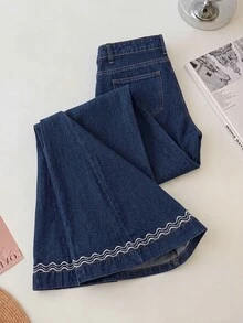 GlowEve 女款休閒刺繡寬腿牛仔褲，深藍色，適合小學教師，夏季穿著 - 藍色 - 查看 5