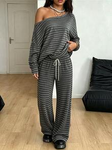 K-Vae Women's Slouchy Asymmetrical Shoulder Striped Set, Loose Long Sleeve Top And Wide Leg Casual Pants 2 Pieces Set - Multicolor - View 6