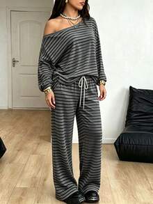 K-Vae Women's Slouchy Asymmetrical Shoulder Striped Set, Loose Long Sleeve Top And Wide Leg Casual Pants 2 Pieces Set - Multicolor - View 4