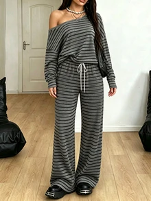 K-Vae Women's Slouchy Asymmetrical Shoulder Striped Set, Loose Long Sleeve Top And Wide Leg Casual Pants 2 Pieces Set - Multicolor - View 3