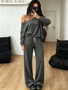 K-Vae Women's Slouchy Asymmetrical Shoulder Striped Set, Loose Long Sleeve Top And Wide Leg Casual Pants 2 Pieces Set - Multicolor - View 5