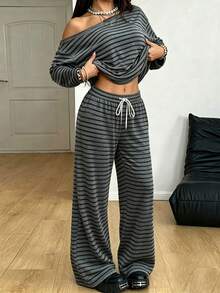 K-Vae Women's Slouchy Asymmetrical Shoulder Striped Set, Loose Long Sleeve Top And Wide Leg Casual Pants 2 Pieces Set - Multicolor - View 1