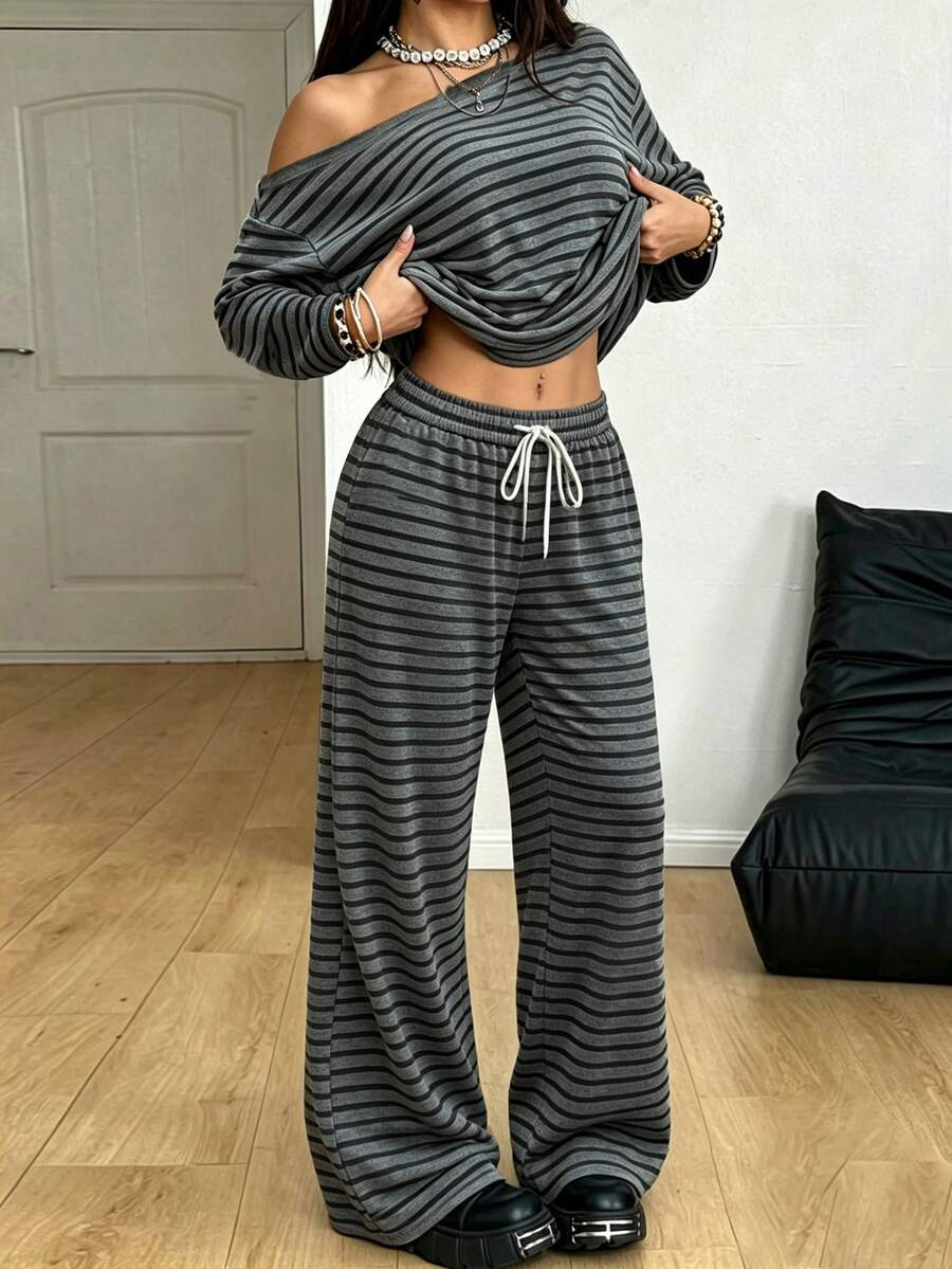 K-Vae Women's Slouchy Asymmetrical Shoulder Striped Set, Loose Long Sleeve Top And Wide Leg Casual Pants 2 Pieces Set - Multicolor - View 1