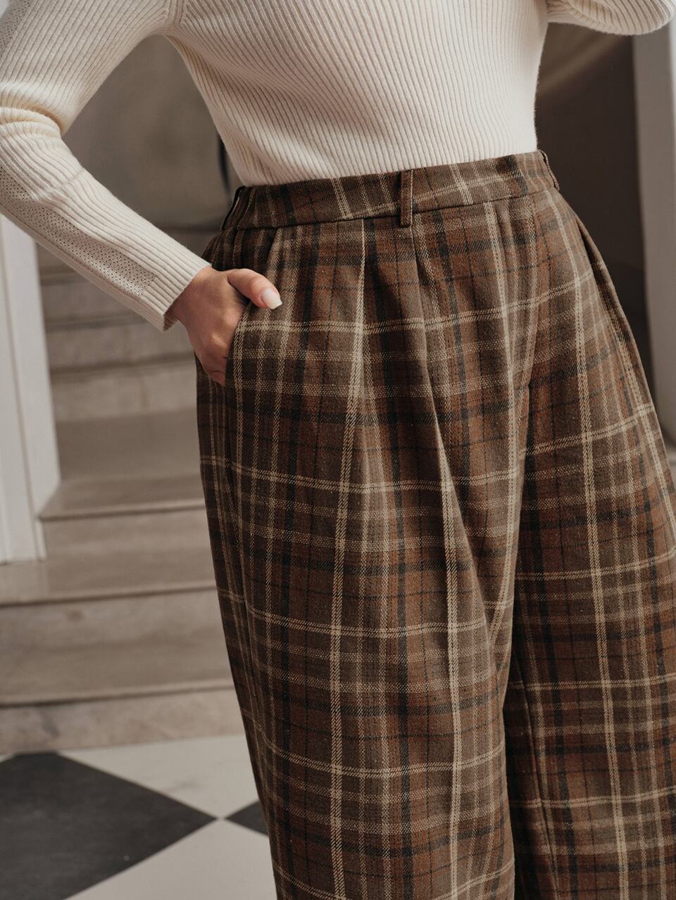 Autumn/Winter New Urban Modern Retro Plaid Casual Lazy Daily Versatile High Waist Draped Plus Size Long Pants For Women