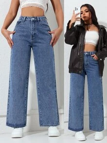 Rivivi Plus Size Women's Casual Straight Leg Denim Jeans With Pockets And Buttons For Daily Wear - Medium Wash - View 1