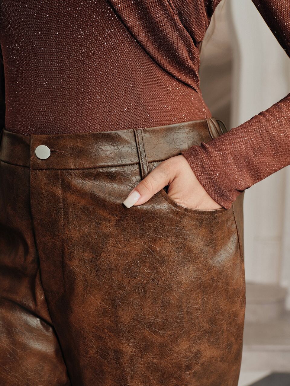 Plus Size Women's Fall/Winter Brown PU Flared Pants Elegant Casual For Christmas Party Ceremony Homecoming