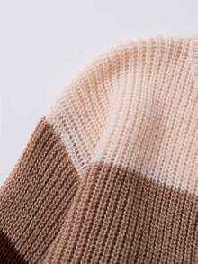 SHEIN Young Girls Sweaters, Crew Neck, Apricot, Khaki, Coffee Striped Color Block Pullover, Design Sense, Soft Knit, Simple Casual Long Sleeve Top, Suitable For Autumn And Winter, Home, Outings, Parties, Photos, Play - Multicolor - View 3