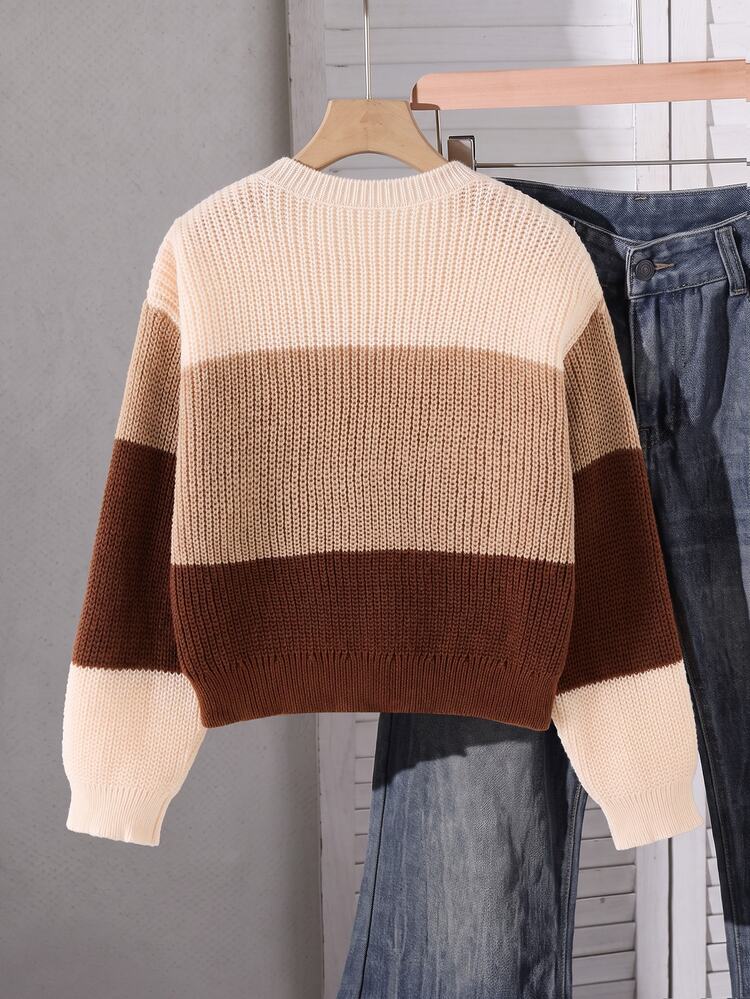 SHEIN Young Girls Sweaters, Crew Neck, Apricot, Khaki, Coffee Striped Color Block Pullover, Design Sense, Soft Knit, Simple Casual Long Sleeve Top, Suitable For Autumn And Winter, Home, Outings, Parties, Photos, Play - Multicolor - View 2