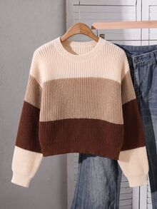 SHEIN Young Girls Sweaters, Crew Neck, Apricot, Khaki, Coffee Striped Color Block Pullover, Design Sense, Soft Knit, Simple Casual Long Sleeve Top, Suitable For Autumn And Winter, Home, Outings, Parties, Photos, Play - Multicolor - View 8