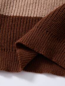 SHEIN Young Girls Sweaters, Crew Neck, Apricot, Khaki, Coffee Striped Color Block Pullover, Design Sense, Soft Knit, Simple Casual Long Sleeve Top, Suitable For Autumn And Winter, Home, Outings, Parties, Photos, Play - Multicolor - View 5