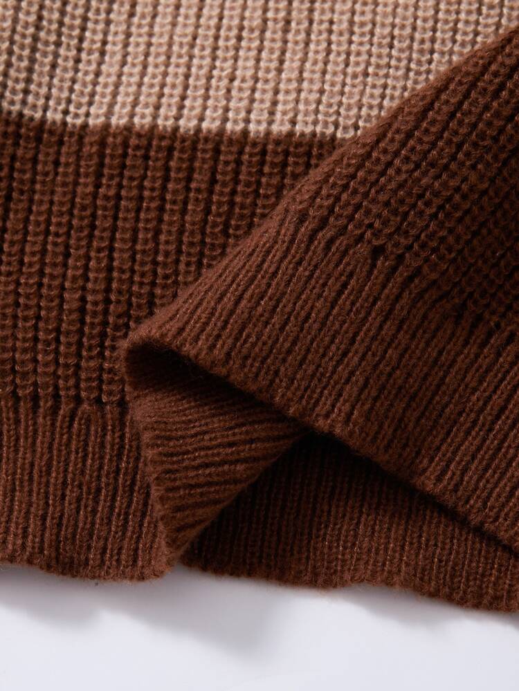 SHEIN Young Girls Sweaters, Crew Neck, Apricot, Khaki, Coffee Striped Color Block Pullover, Design Sense, Soft Knit, Simple Casual Long Sleeve Top, Suitable For Autumn And Winter, Home, Outings, Parties, Photos, Play - Multicolor - View 5