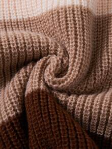 SHEIN Young Girls Sweaters, Crew Neck, Apricot, Khaki, Coffee Striped Color Block Pullover, Design Sense, Soft Knit, Simple Casual Long Sleeve Top, Suitable For Autumn And Winter, Home, Outings, Parties, Photos, Play - Multicolor - View 6