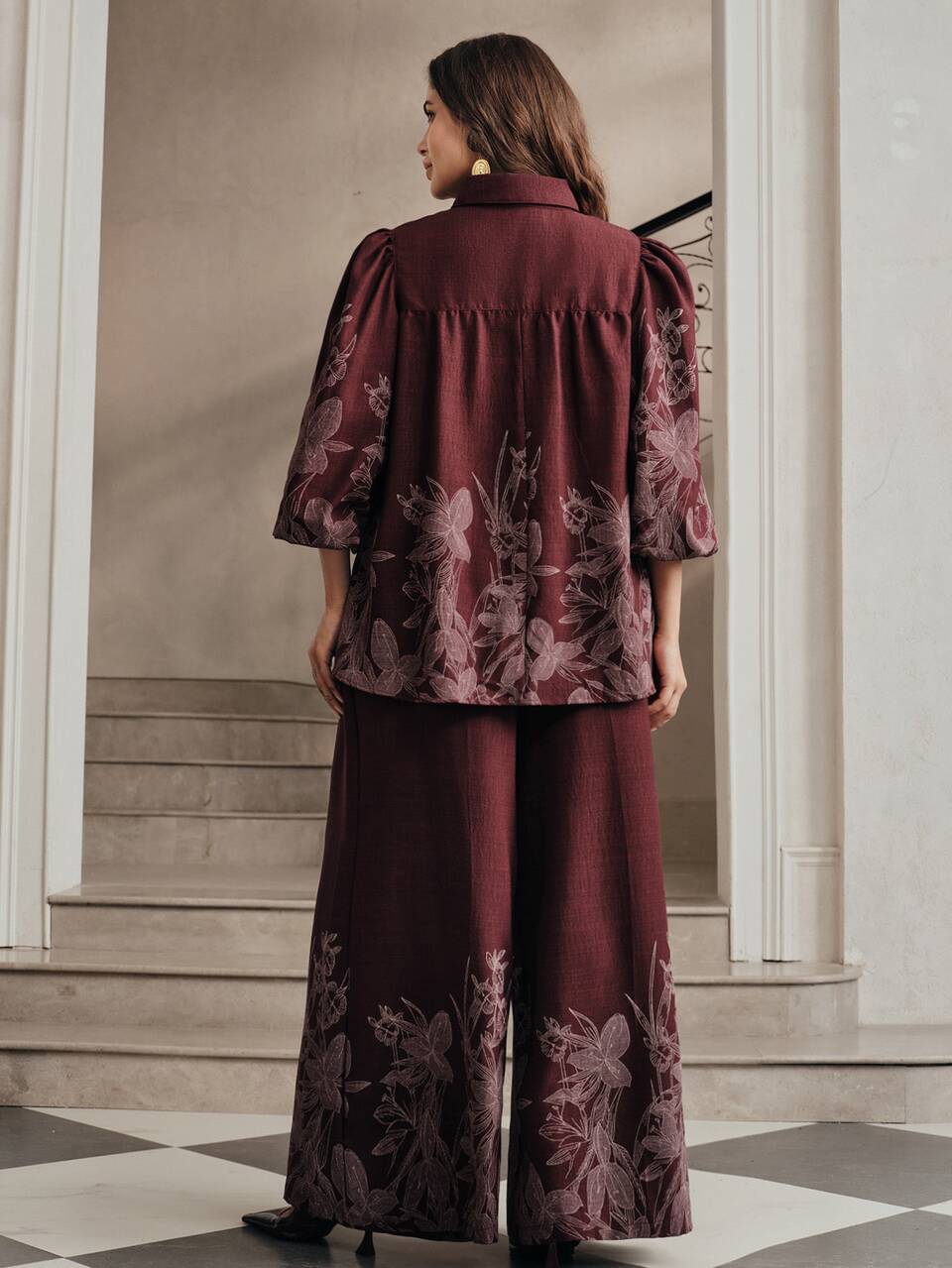 Anewsta Plus Size Co Ords For Women Purple Polyester Plant Print Blouse And Long Pants Set Collared Puff Sleeve Belted Elegant Outfit